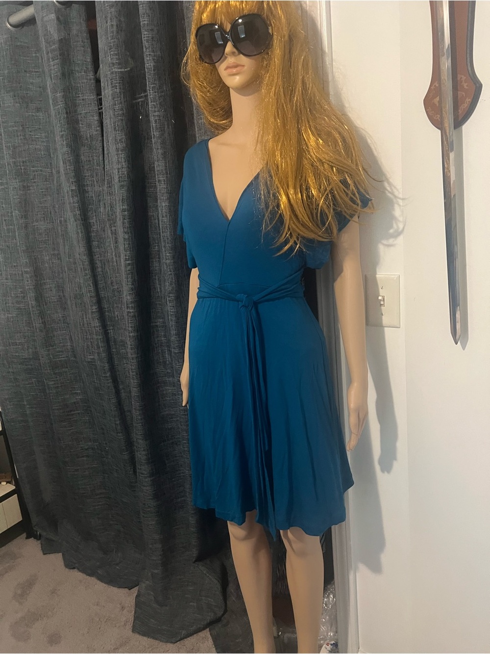 Deep Teal Wrap-Style Mini Dress with Tie Waist